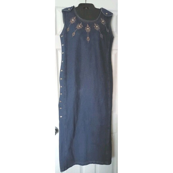 Vintage Molato Denim Maxi Dress Size Large Sleeveless Jean Embroidered Jeweled - Picture 1 of 11